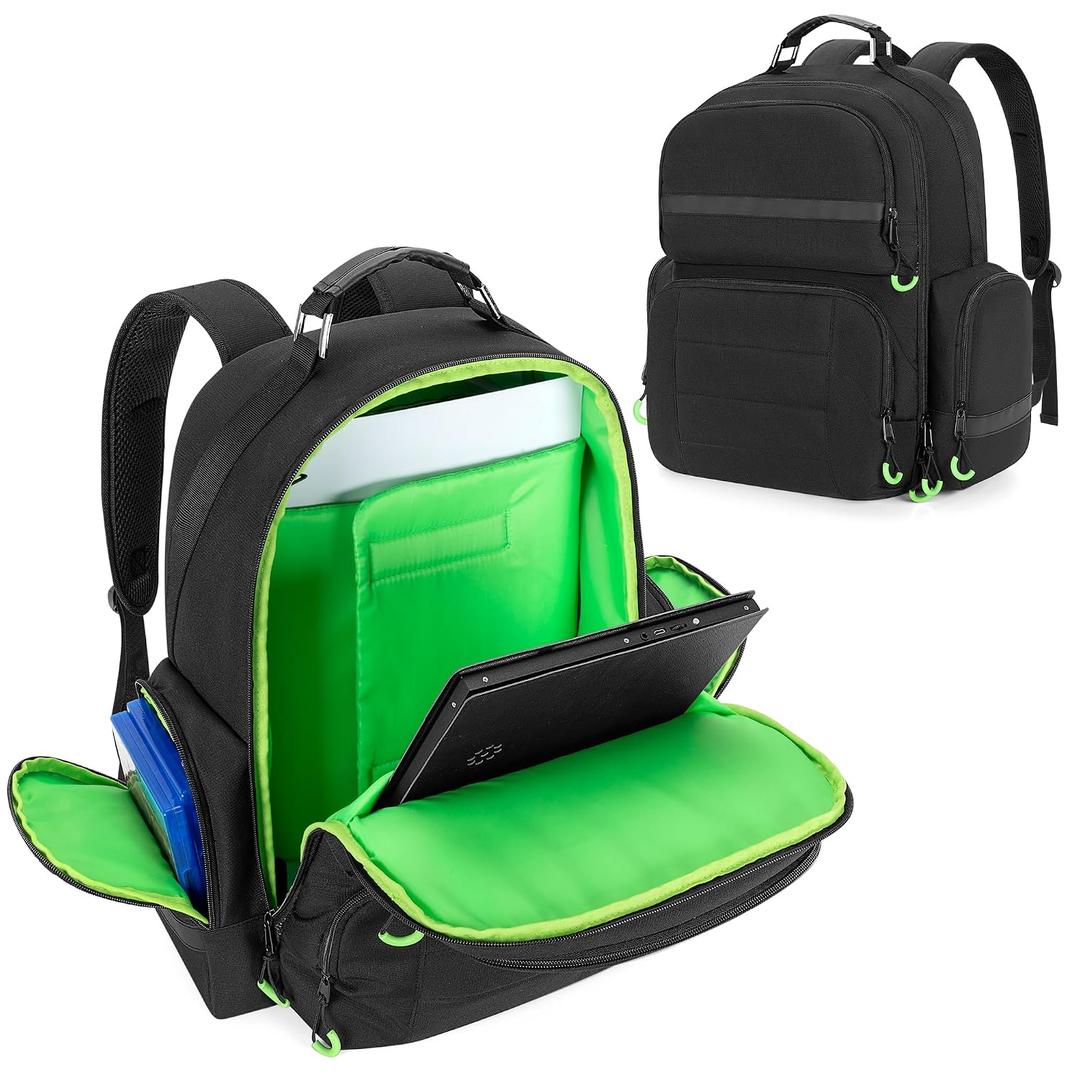 PGmoon Console Backpack Compatible with PS5/PS5 Pro/PS5 Slim, Travel Carrying Case Bag with Protective Liner, Fits 15.6 Laptop, Controllers and Most Gaming Accessories (Patent Design)