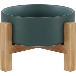 Raised Ceramic Cat Bowl - Cat Food Bowl with Bamboo Stand - Elevated Dog Food Dish for Puppies - Comfort Eating - 13.5 oz - 400 ml - Green (Small)