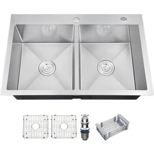 33 Inch Drop In Double Bowl Kitchen Sink with Nano Coating, 20 Gauge 304 Stainless Steel Topmount Kitchen Sink with Accessories (33*22*9 inch(silver))