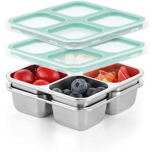 BEFOY 2 Pack Stainless Steel Snack Containers with Lids 4 Compartment Food Storage Containers for Adults Meal Prep Reusable for work or going out(blue, 2 packs)