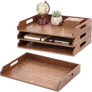 3 x AceOrbit 3 Pcs Stackable Paper Tray Acacia Wood Desk Organizer Letter Tray 3 Tier Wooden File Organizer Desk Shelf for Documents, Letter Sorter, Envelopes and Magazine Holder