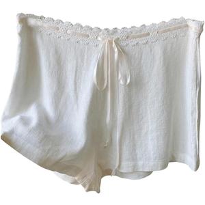 MakeMeChic Women's Lace Trim Elastic Waist Shorts Tie Front Summer Mini Shorts Lounge Shorts (Medium, White)