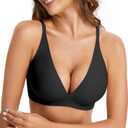 Womens Deep V Wireless Bra No Underwire Seamless Comfort Support Tshirt Push Up Bralette for Everyday/Sleep (Large, Black)