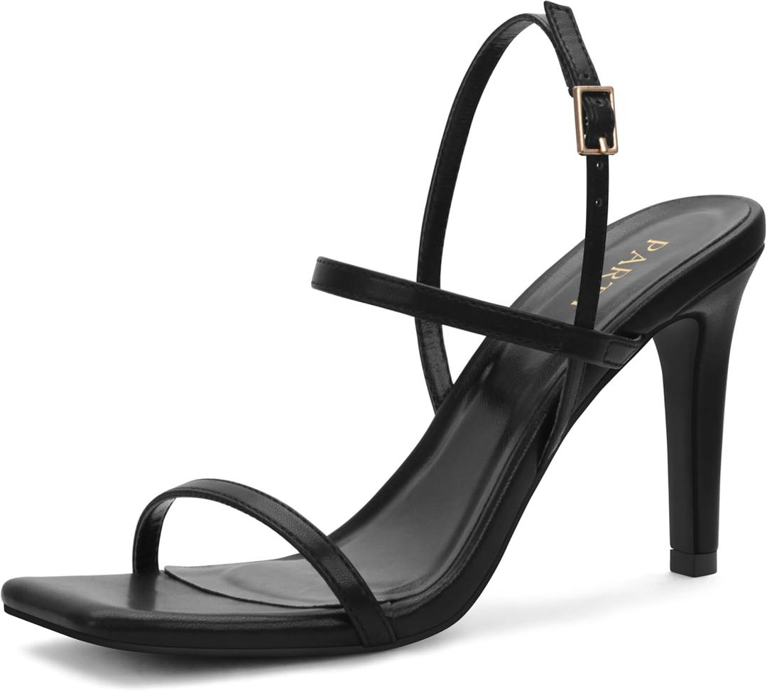 Women's Strappy High Heeled Sandals Open Toe Ankle Strap heels Comfy Weddings Shoes (7.5, Black Pu)
