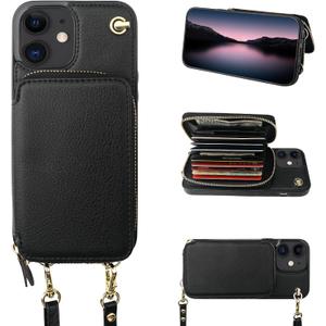 Bocasal Crossbody Wallet Case for iPhone 12/12 Pro, RFID Blocking Leather Purse Case with Card Holder, Protective Handbag Flip Cover with Zipper Wrist Strap Lanyard for Women 5G 6.1 Inch (Black)