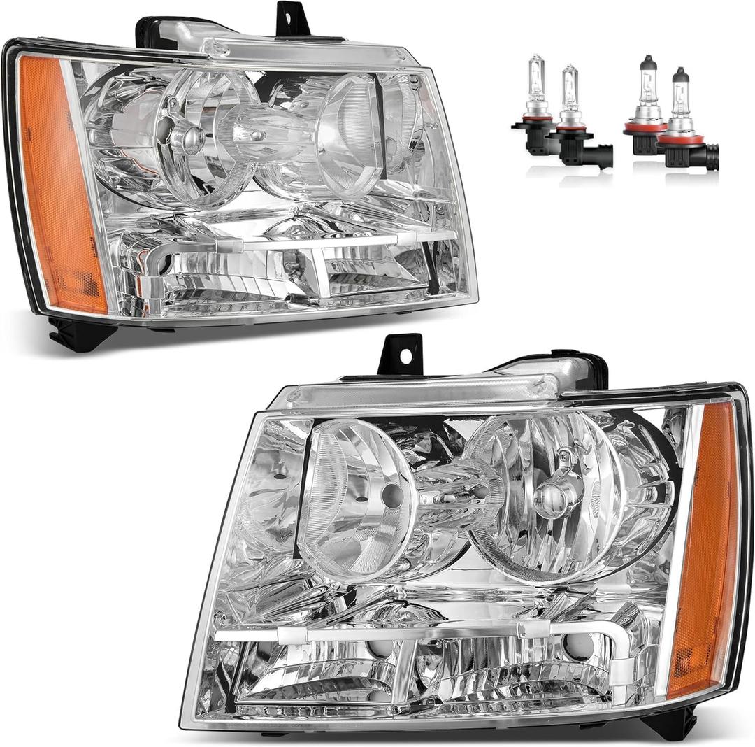 Headlights Assembly Halogen W/Bulbs for 07-14 Chevy Tahoe Suburban 1500/07-13 Avalanche Suburban 2500 Headlamp Replacement with Amber Corner Lamps, Driver & Passenger Side, Chrome
