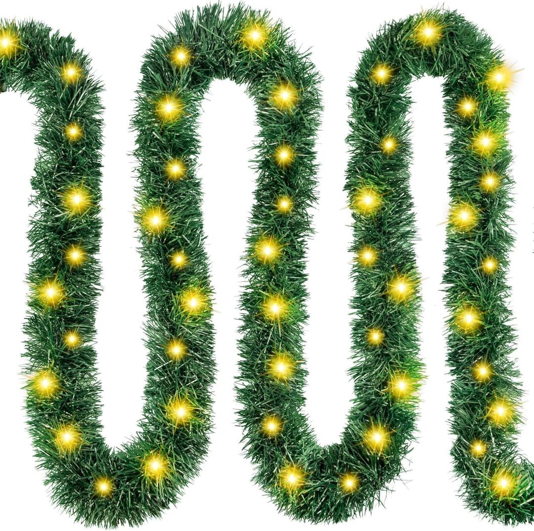 39.4FT Pre-lit Christmas Garland with Lights, 150 Warm Artificial Lighted Tinsel Pine Garlands for Decoration Christmas Xmas Winter Garland for Mantle Door Stairs Party Indoor Outdoor Home Decor