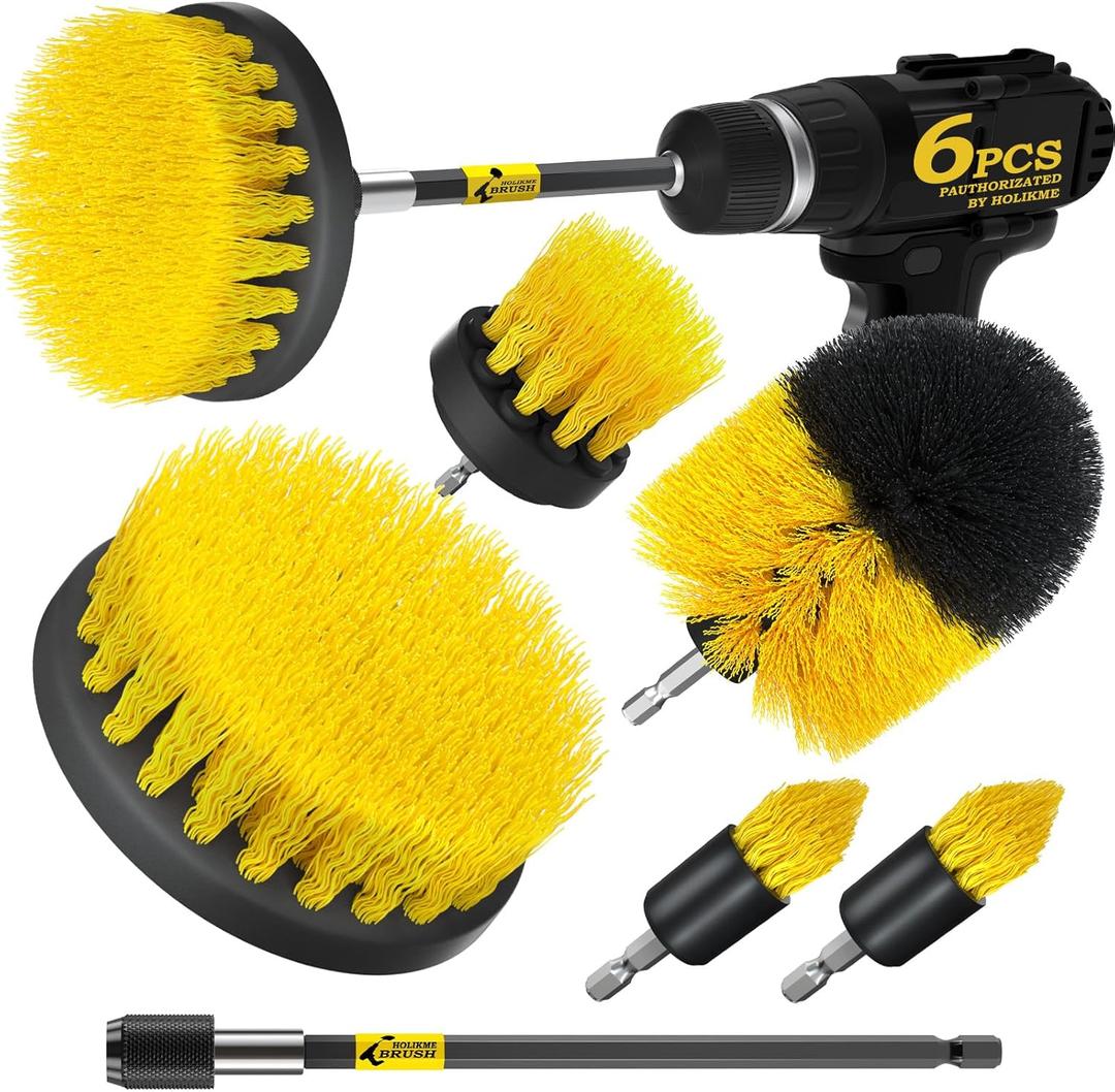Holikme 6Pack Drill Brush Power Scrubber Cleaning Brush Extended Long Attachment Set All Purpose Drill Scrub Brushes Kit for Grout, Floor, Tub, Shower, Tile, Bathroom and Kitchen SurfaceYellow (Yellow)
