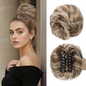 MY-LADY Claw Clip Messy Bun Hair Pieces Human Hair for Women Real Hairpiece Wavy Scrunchies Tousled Updo Donut Chignon Ponytail Extension Medium Brown & Bleach Blonde