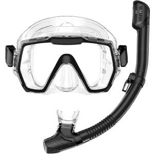 Snorkel Set Adults Snorkeling Gear Anti-Leak and Anti-Fog Tempered Glass Lens Panoramic View Swim Mask Dry Top Snorkel Kit for Snorkeling Scuba Diving Swimming Travel with Carry Bag (Black+Transparent)
