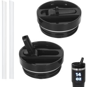 2 PACK 14 Oz Leak Splash Proof Lid, 14 Oz Tumbler Detachable Flip Straw Lid Replacement Accessories, Reusable Spill Proof Screw on Flip Straw Tumbler Cover (Black)