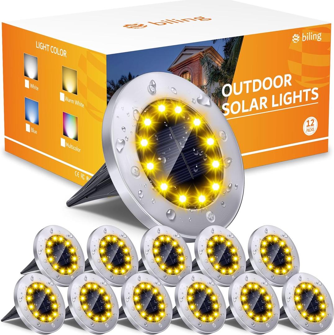 Biling Solar Outdoor Lights 12 Pack - 12 LED Flat Pathway Lights, Waterproof, Solar Powered for Yard Walkway Garden Driveway (Warm White)
