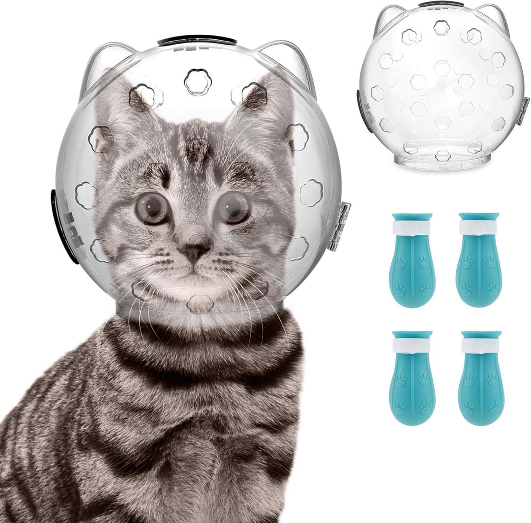 Cat Muzzle Clear Breathable for Grooming, Transparent Anti-Bite Muzzle for Bathing Nail Trimming, Astronaut Helmet with 4 Silicone Paw Protectors (Small)