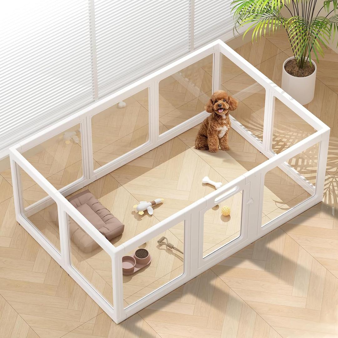 Clear Acrylic Dog Playpen Indoor, Puppy Cat Small Pet Play Pen, Pet Cat Playpen for Rabbits, Dog Fence Crate Kennel Whelping Cage (24", White, 10 Panels)