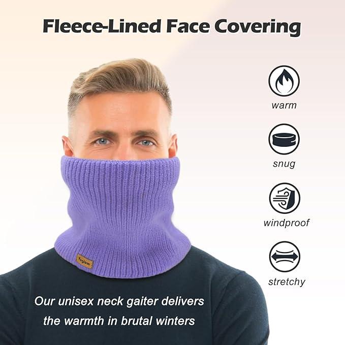 Unisex Fleece-Lined Ribbed Thermal Knit Neck Warmer Gaiter | Winter Scarf Face Covering for Skiing,Hiking,Outdoor Work 