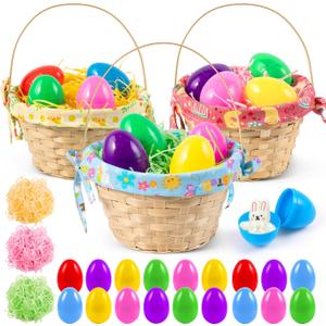 3 Set Wicker Easter Baskets, 10.4" x 7.9"x 4.7" Large Bamboo Easter Basket Empty with Handle, Includes Lining Fabric, Raffia Paper and Easter for Picnic, Spring Party Favors