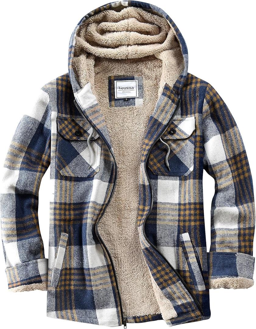 Veusna Men's Zip Up Flannel Shirt Jacket Fleece Lined Long Sleeve Plaid Coat Heavyweight Hoodie with Hood (Yellow/Blue, XL)