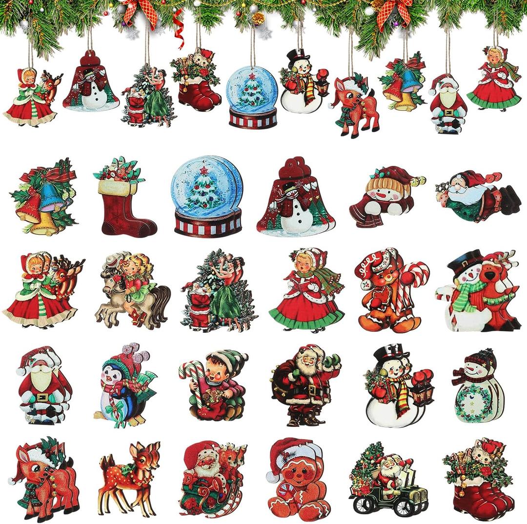 48Pcs Christmas Wooden Ornaments Vintage Christmas Hanging Ornaments Decorations for Xmas Tree Farmhouse Wreaths Wood Cutouts Tags with Ropes Holiday Winter Decoration