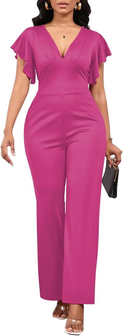 Jumpsuits for Women Casual Summer Rompers Deep V Neck Ruffle Short Sleeve Wide Leg Outfits for Women (Pink, XL)