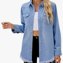 Womens Denim Shirts Frayed Raw Hem Collared Jean Shirts Trendy Long Sleeve Button Down Blouse with Pocket Streetwear, Size M