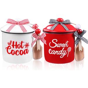 DIYDEC 2pcs Christmas Ceramic Canisters Christmas Ceramic Cup Mini Jar Candy Holder with Lid Spoon Wooden Beads Xmas Tiered Tray Decor for Winter Home Table Centerpiece Decoration Supplies