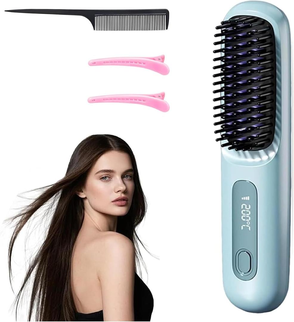 Go Brush Pro 2025 New Cordless Hair Straightener Brush - 199 Million Negative Ions, Compact & Travel-Friendly with LED Display, 4000mAh Rechargeable, Anti-Scald Mini Hot Comb for Women (Blue)