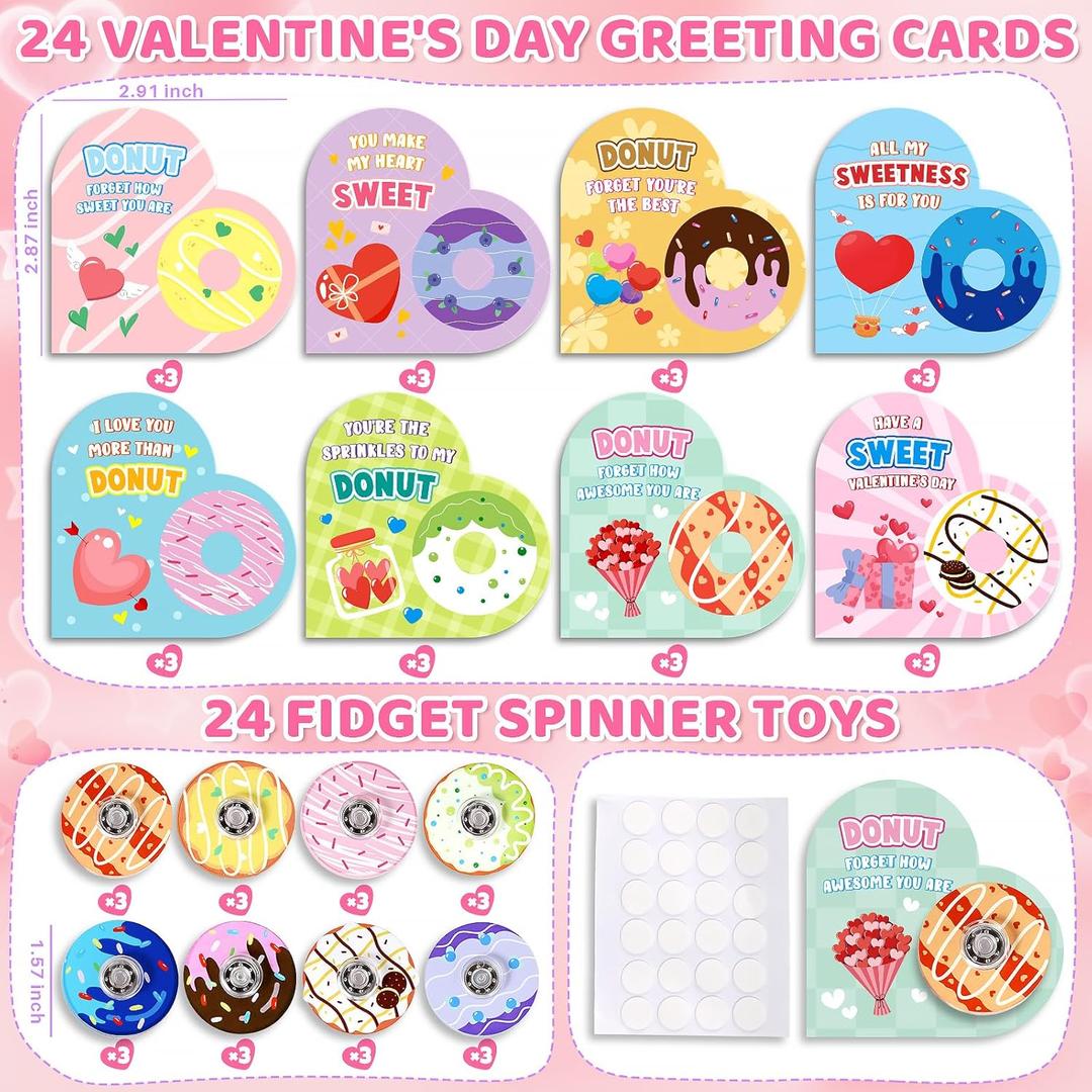 Valentines Day Cards for Kids School, 24 Pack Valentines Day Gifts for Kid with Fidget Spinners, Valentine's Cards for Kids Classroom Party Favor Exchange Fidget Toy for Boy & Girl