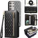 Phone Case for Samsung Galaxy S25 Ultra 5G Zipper Wallet Detachable Cell Cover with Screen Protector Crossbody Lanyard Strap Bling Glitter Flip Card Holder Slot S25Ultra 25S S 25 25Ultra Women Black