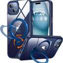 360 Rotatable Magnetic Stand for iPhone 15 Case Compatible with Mag-Safe 16FT Military Drop Protection, Anti-Scratch/Fingerprint Shockproof iPhone 15 Phone Case(Clear-Blue)