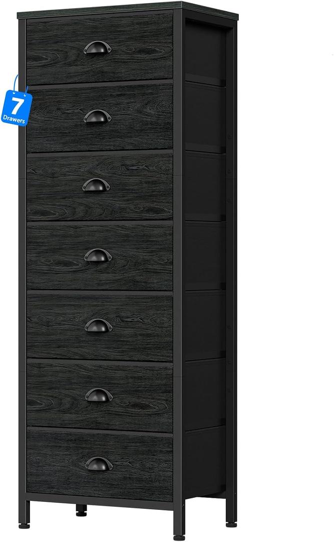 Furnulem Bedroom Dresser, Tall Chests of Drawers with 7 Fabric Bins, Black Organizer in Closet, Dorm, Living Room, Nursery, Hallyway-Storage Tower Unit, Sturdy Steel Frame, 11.8"D x 15.8"W x 43.3"H
