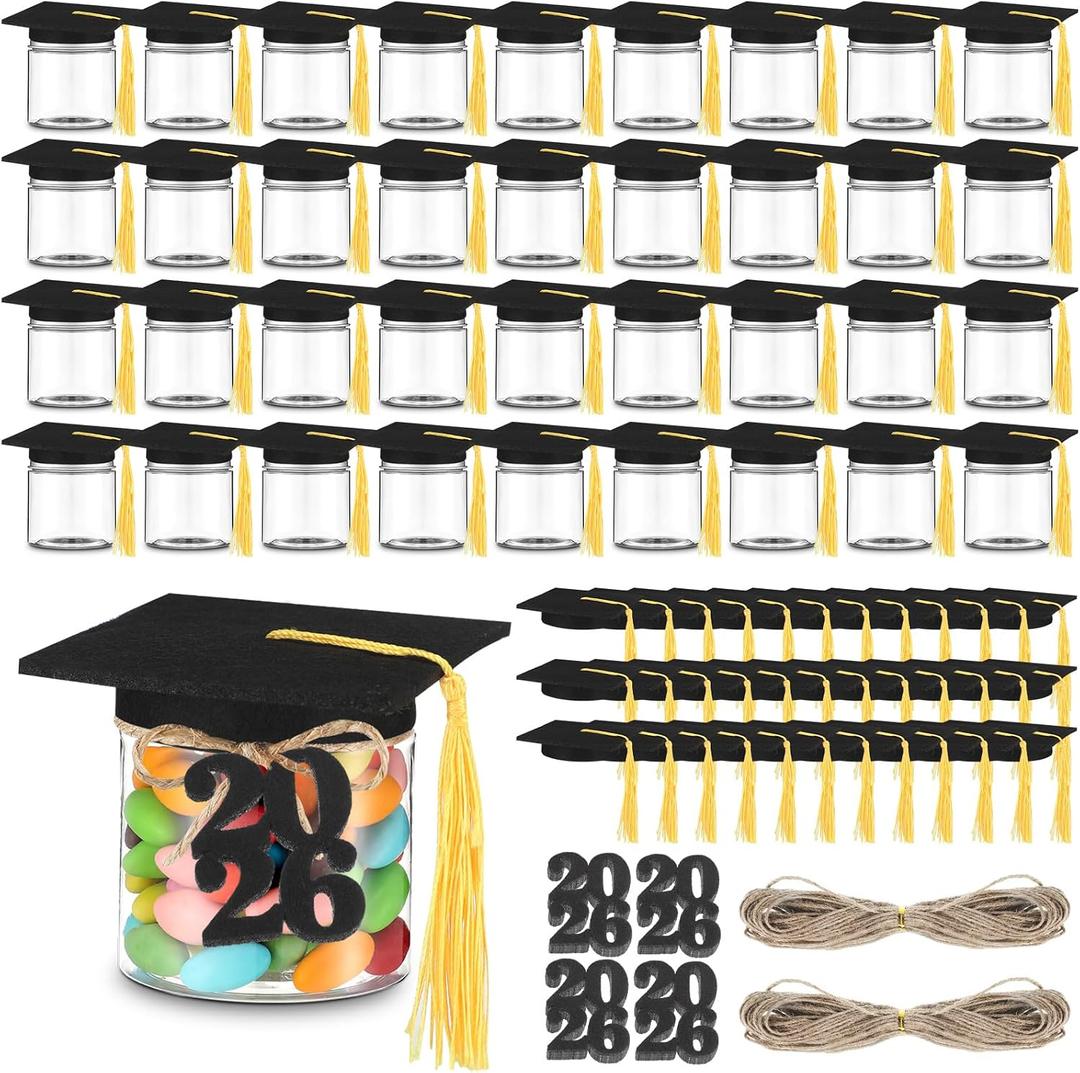 Mimorou 36 Set Gold Graduation Candy Jars Bulk 2026 Graduation Cap Gift with 4 oz Plastic Candy Jar and Tassel Felt Grad Cap Felt 2026 Number Kit for Wishes Party Favors Decoration Supplies