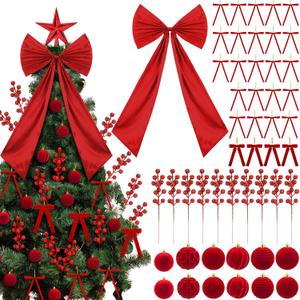 Jenaai 90 Pcs Red Velvet Christmas Decorations Velvet Ornaments for Christmas Tree Large Red Satin Bow Tree Topper Burgundy Bow Ribbon Flocked Ornaments Glitter Berry Stems Picks for Xmas Decor