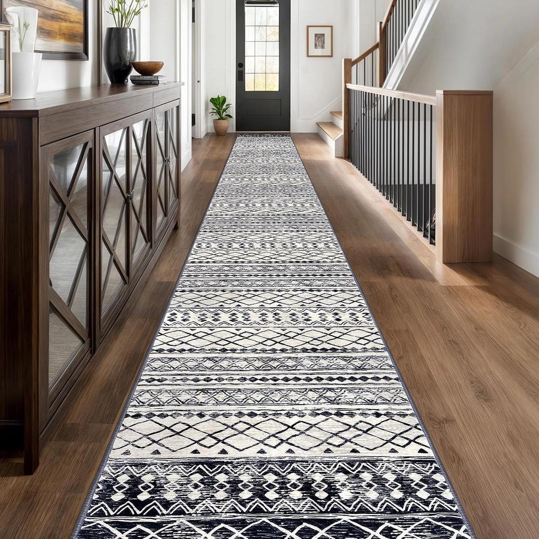 KUTA Extra Long Runners for Hallways 2.6x20ft Washable Black Boho Runners