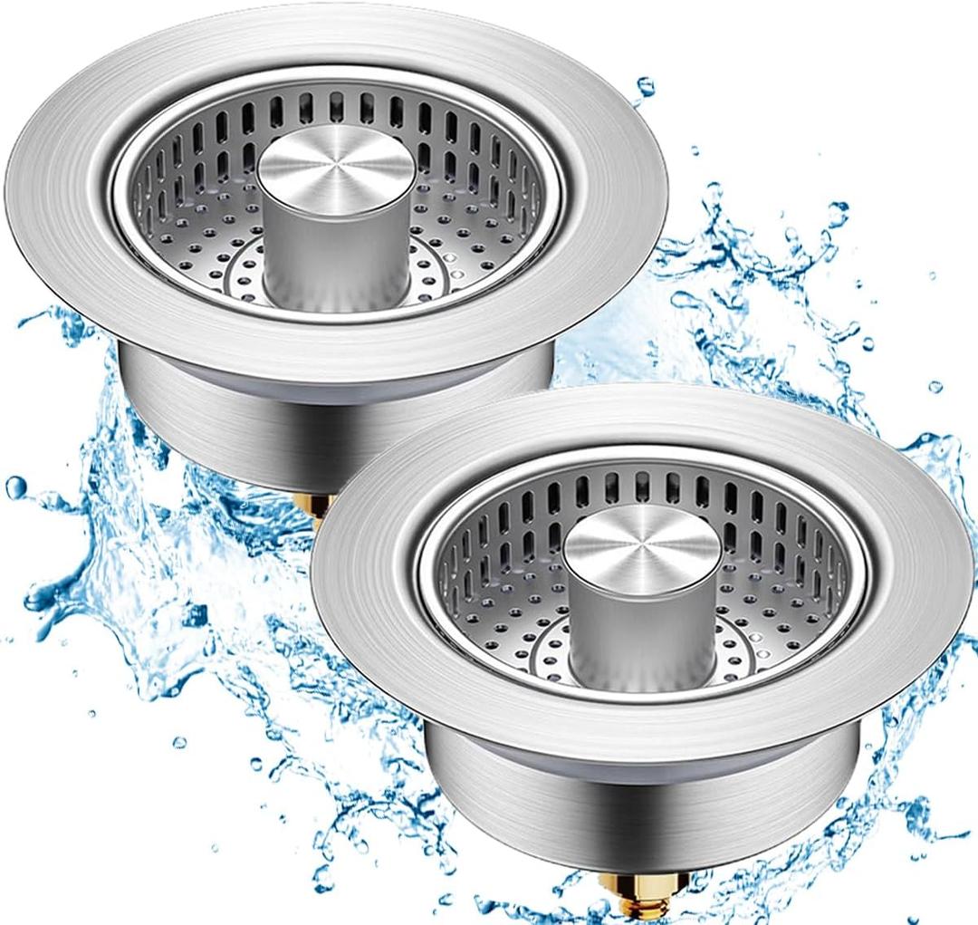 2 Pcs 3 in 1 Kitchen Sink Drain Strainer,Universal Stainless Steel Kitchen Sink Stopper, Pop Up Anti-Clogging for 3-1/2 Inch US Standard Sink Drain Strainer