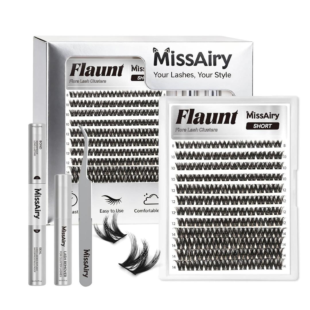 Flaunt Lash Clusters Kit Flora Short 8-14mm Light-Volume Wispy Eyelash Clusters D Curl DIY Eyelash Extension Kit Spiky Cat Eye Individual Lash Eyelash Clusters with 0.05mm Ultra-Thin Black Band