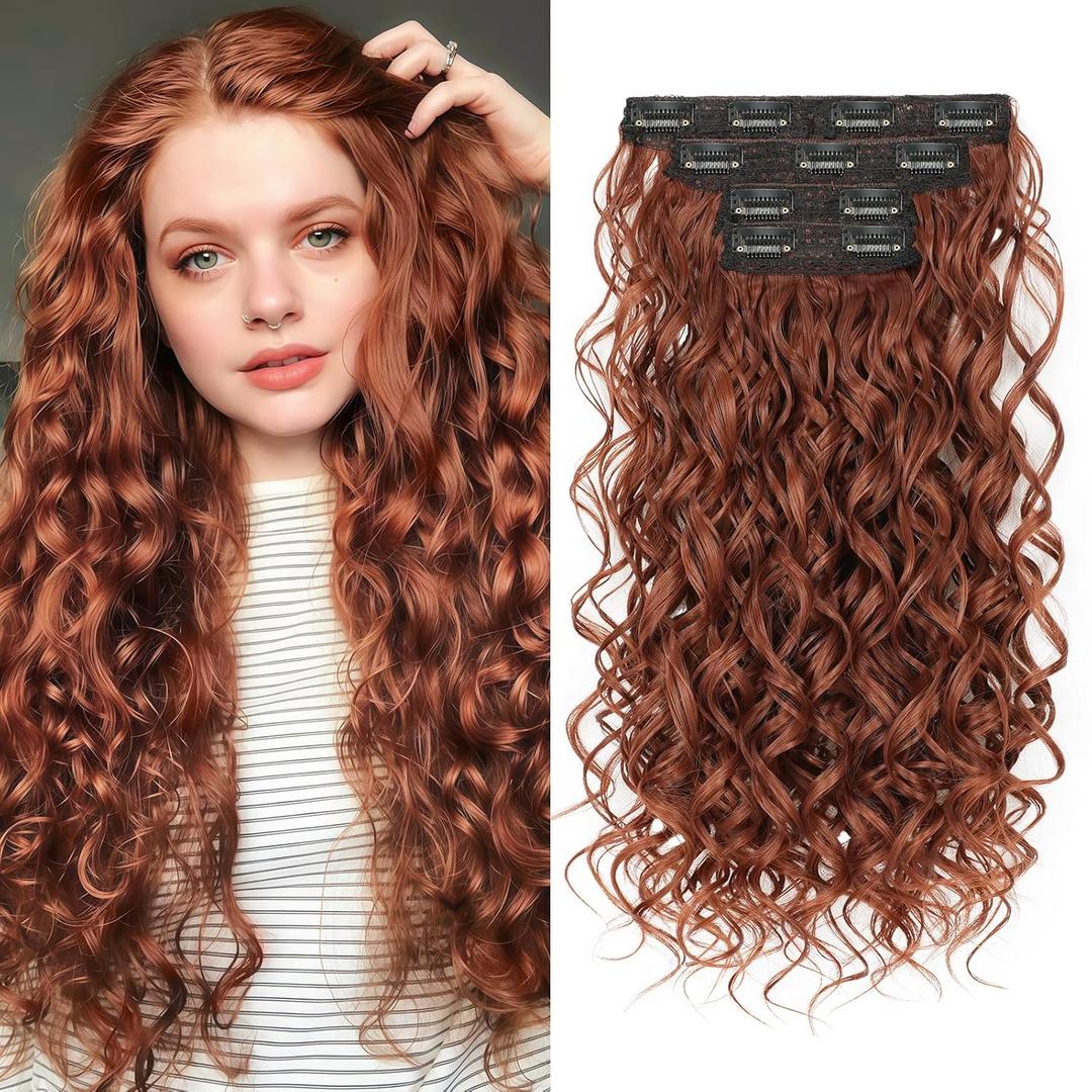 Curly Clip In Hair Extensions, 4PCS 20 Inch Copper Red Extensions Clip Ins, Lace Weft Short Curly Invisible Natural Hairpieces for Women