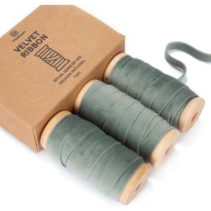 6 x Vitalizart Dusty Green Velvet Ribbon Set 3/8" x 15 Yd Wooden Spool Fabric Trim 3 Rolls * 5 Yd for Christmas Wreath Decoration Handmade Craft Ornaments Gift Wrapping & Bow Making