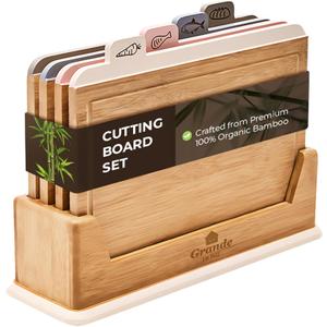 Wooden Cutting Boards for Kitchen 5-Pcs Cutting Board Set with Holder Natural Bamboo Chopping Board with Juice Groove Ideal for Vegetables, Meat, Fish, Bread.