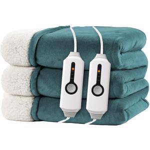 Electric Heated Blanket Queen Size 84"x90" - Dual-Sided with Microplush & Sherpa Fabric, 4 Heat Settings & 10 Hours Auto Off, Dual Controller, Machine Washable - Teal