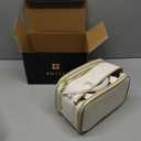 Prite Makeup Bag for Women, Large Capacity Waterproof Travel Cosmetic Organizer, Portable Open Flat Toiletry Bag with Free-standing Brush Holder and Handle (Beige, Medium)