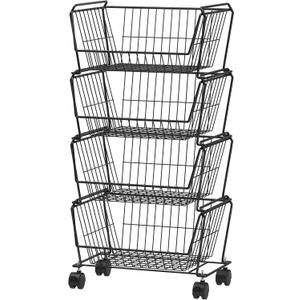 PUSDON 4-Tier Stackable Metal Storage Baskets, Anti-Rust Fruit Vegetable Rack, Dual Use Shelf for Kitchen, Home & Office, Black