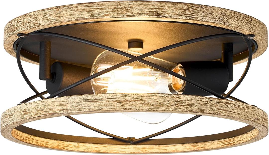 Flush Mount Light Fixture, 12-inch Farmhouse Ceiling Light Fixture with Wood, 2-Light Rustic Hallway Ceiling Lighting, Solid Wood Walnut Finish, MX99982-B
