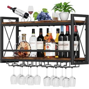 Homeiju Wall Mounted Wine Rack, Bottle & Glass Holder Wood-Metal Retro Wine Rack, Wine Bottles Display Wall Storage for Kitchen Dining Room Home Bar