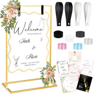 OurWarm Wedding Welcome Sign Stand, Adjustable Welcome to Our Wedding Sign Holder W/Design Bundle, Heavy Duty Easel Stand for Sign, Wedding Seating Chart Stand, Easel for Display (Gold)