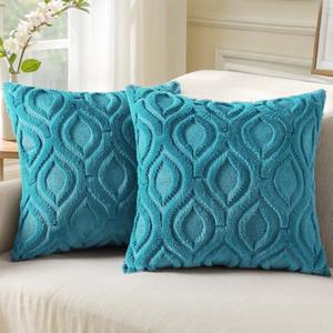 decorUhome Cozy Textured Throw Pillow Covers 18x18 Inch Set of 2, Soft Plush Faux Wool Teal Accent Couch Pillow Covers for Modern Farmhouse Sofa Bed Living Room