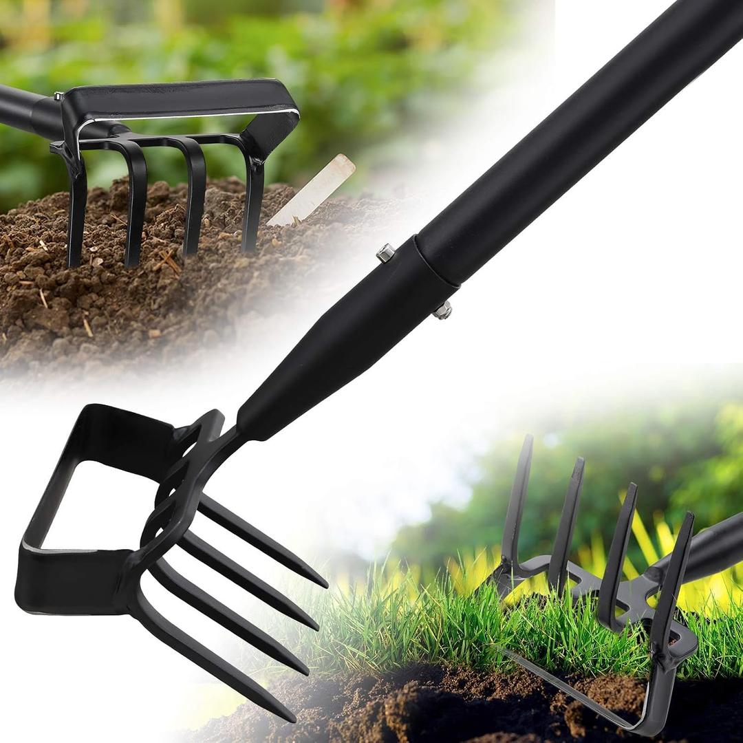 Garden Hoe with Cultivator Rake, 2-in-1 Heavy Duty Action Stirrup Hoe with Sharp Blade,60" Adjustable Long Handle Loop Scuffle Hoe for Fast Weeding, Loosening Soil, Aerating and Mixing Compost