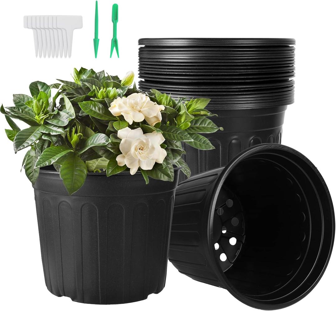 24 Pack 3 Gallon Nursery Pots, Thickened Soft Black Plastic Plant Pots with 24Pcs Waterproof Plastic T-Type Plant Tags and 2Pcs/Set Transplanting Digging Mini Tools, 10.4 inches x 7.8 inches