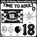 18th Birthday Decorations for Boys Girls, Black 18th Birthday Supplies Include Time To Adult Banner Happy 18th Birthdays Backdrop Cake Topper for 18 Year Old Birthday Decor