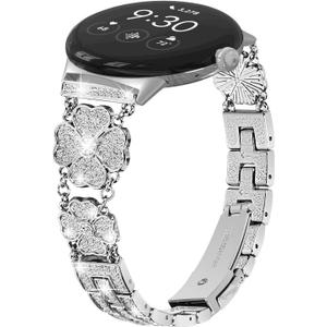 FitTurn Four-leaf lucky grass design Metal Watch Band Compatible with Google Pixel Watch 4 3 41mm/Pixel Watch 2 Replacement Wristbands Strap with Bling Crystal Rhinestone Band Strap (Silver)