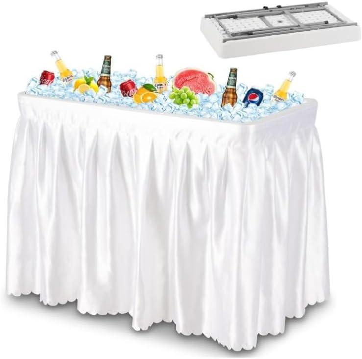 4FT Folding Ice Cooler Table with Removable Matching Skirt, Portable Plastic Chilling Table, Fishing Cleaning and Keeping Food Fresh, Outdoor Cooler Table for Parties, BBQ, Camping &Picnics